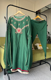 Tara Handwork Mul Chanderi Dress- Green