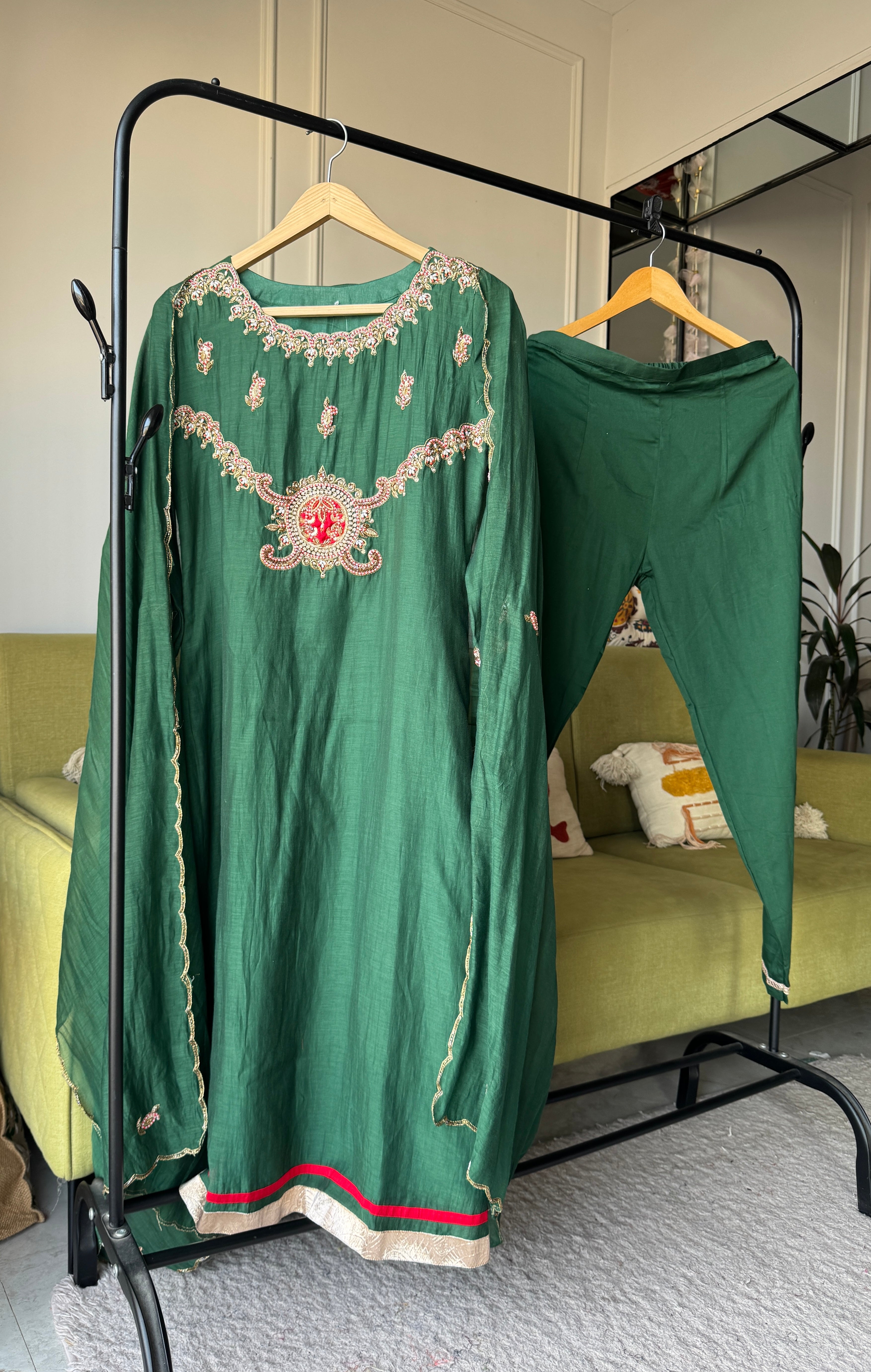 Tara Handwork Mul Chanderi Dress- Green