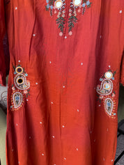 Mannat Pocket Embroided Mul  Cotton Dress- Rust