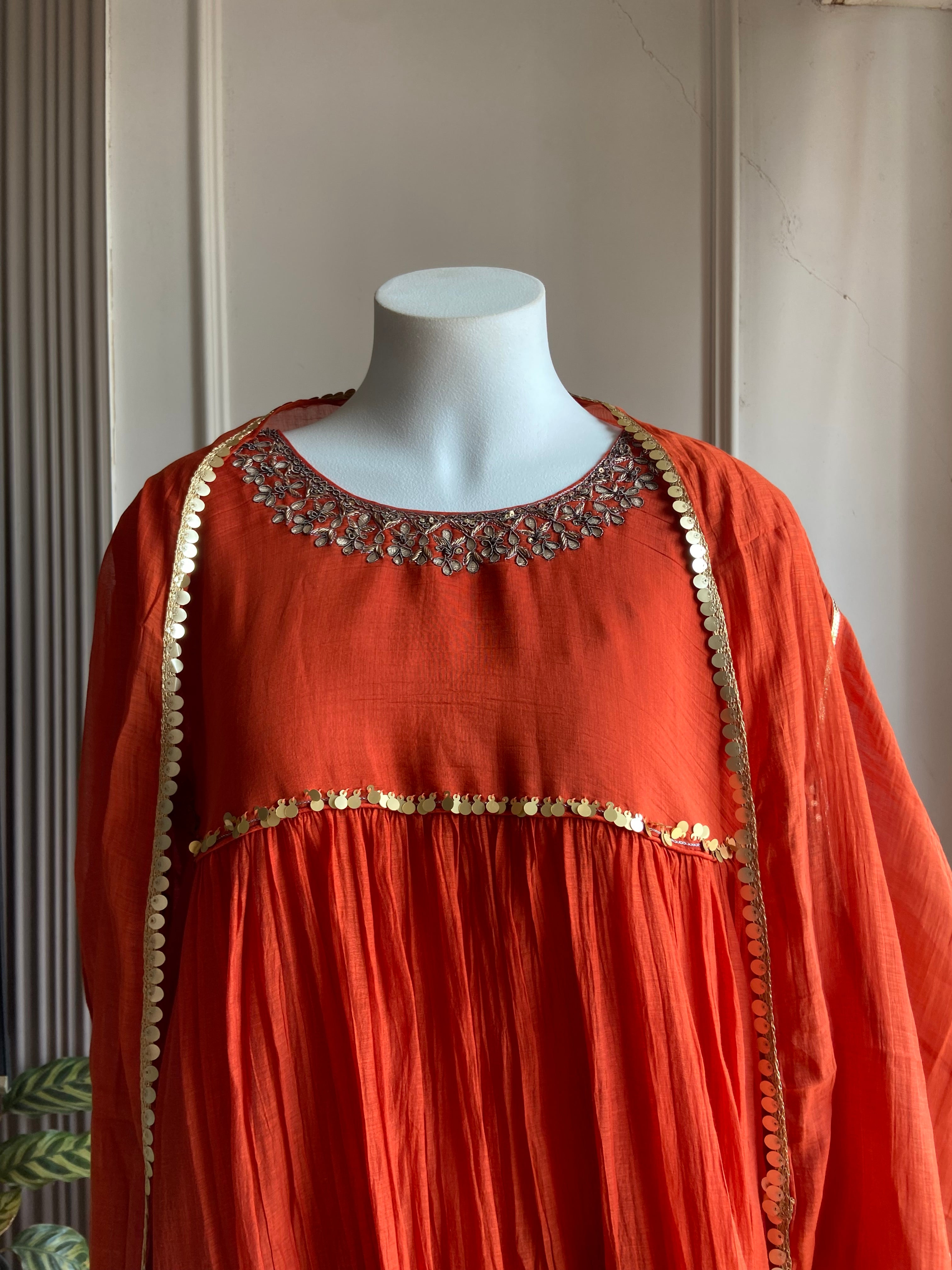 Reshma Handwork Round Neck Dress-Orange
