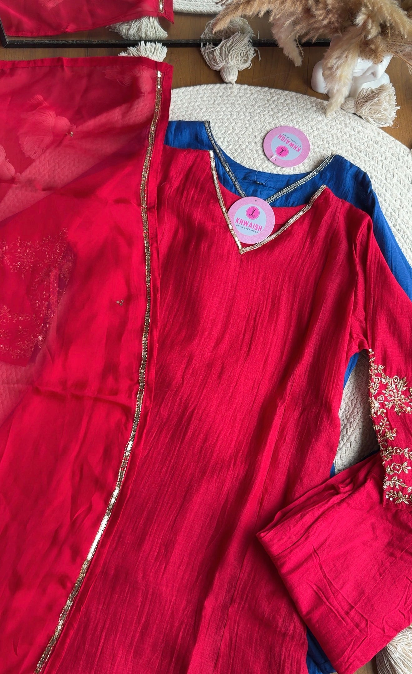 Naina Handwork Mul Chanderi Dress-Red ♥️
