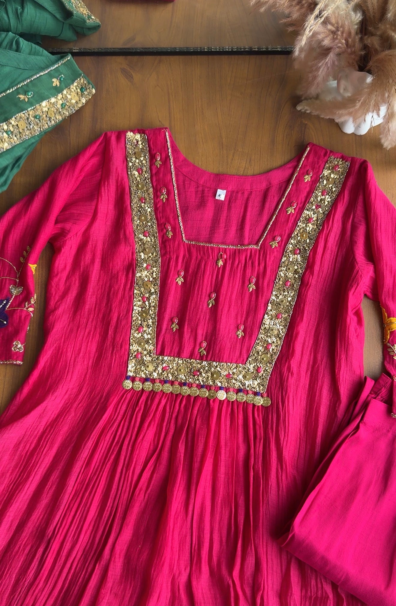 Janki Box Neck Handwork Dress- Pink