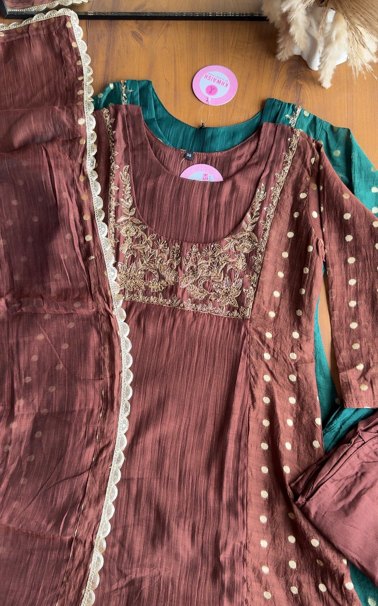 Akshita Pure Mul Chanderi Dress-Brown