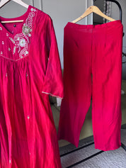 Farheen  Handwork Mul Chanderi Dress- Cherry Red