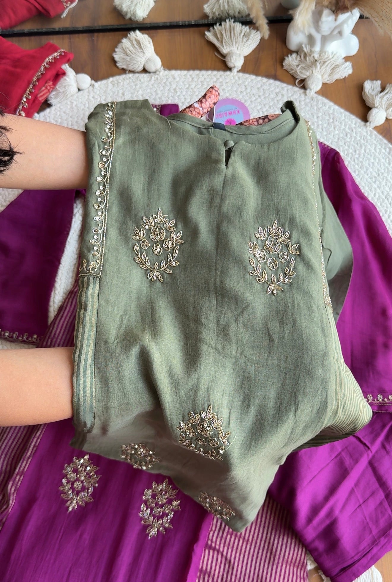 Aishwarya Striped Tissue with Mul Chanderi Dress- Green
