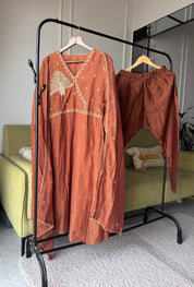 Kiran Handwork Mul Chanderi Anarkali Dress- Rust