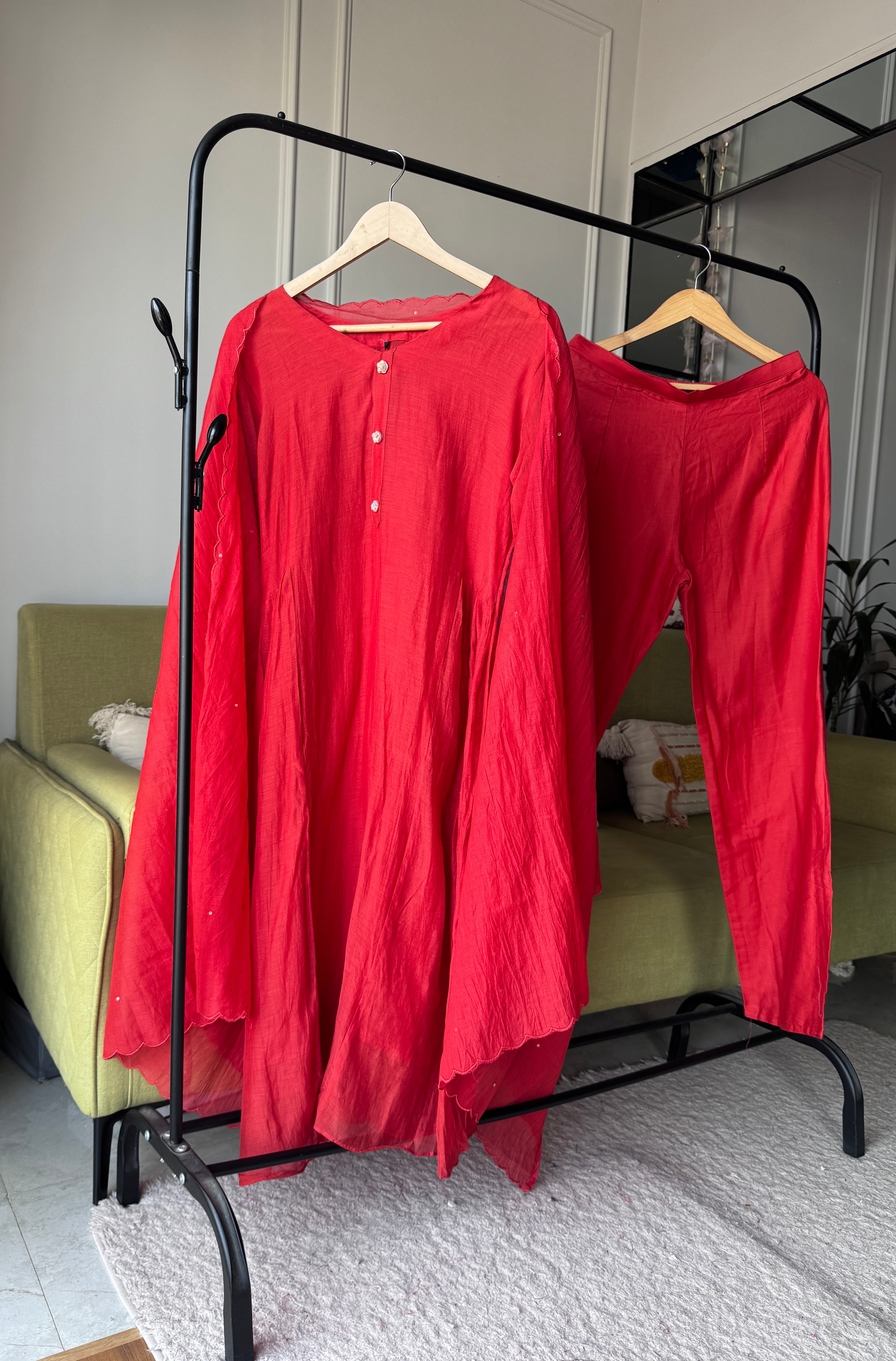 Shreya Sleeves Handwork Mul Chanderi Dress- Rust