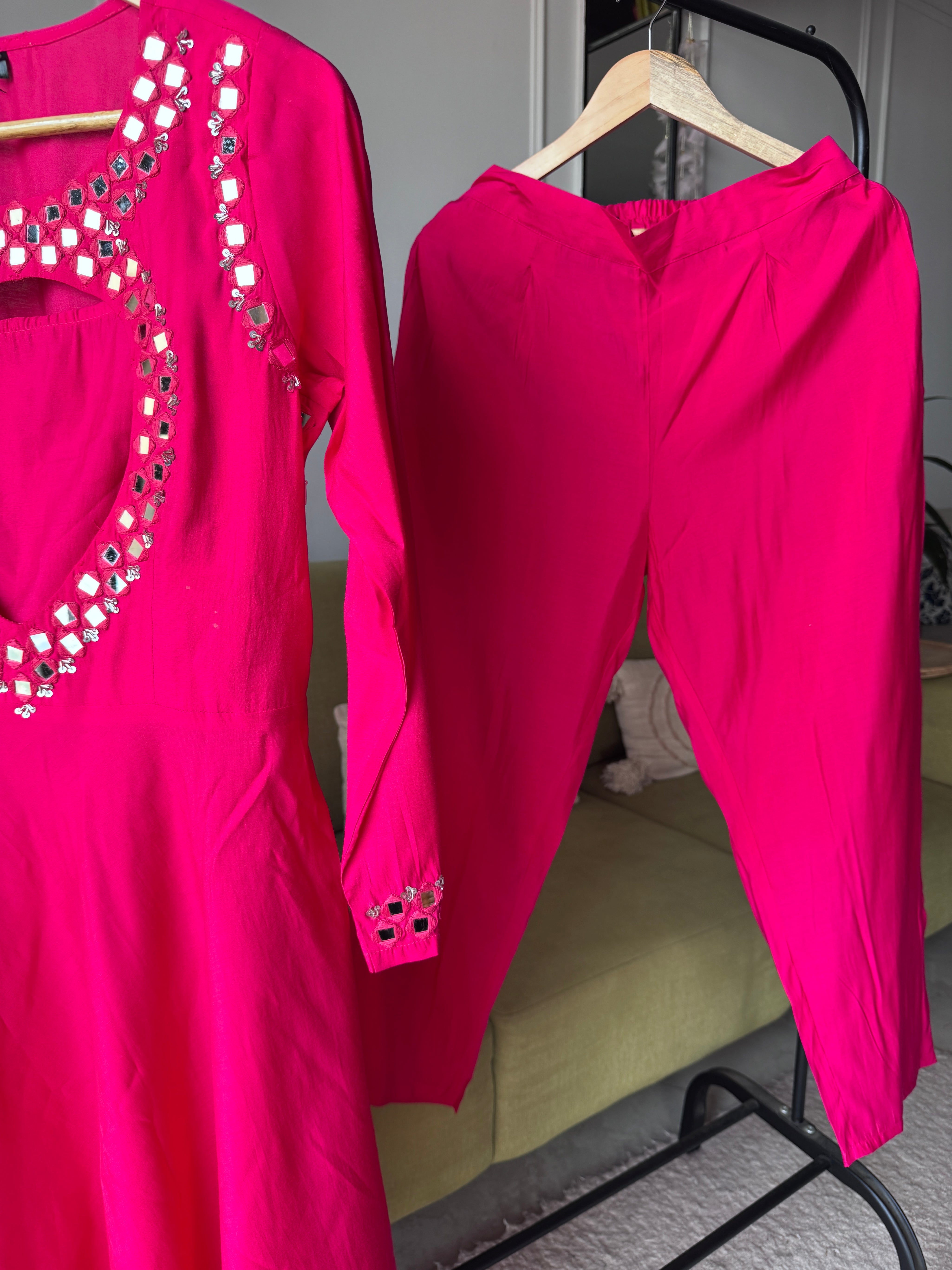 Kainat Muslin Mirror Work Dress- Pink