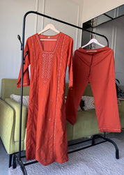 Tanya Embroided Cotton Dress- Rust