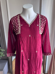 Krystle Handwork Mul Chanderi Dress-Maroon