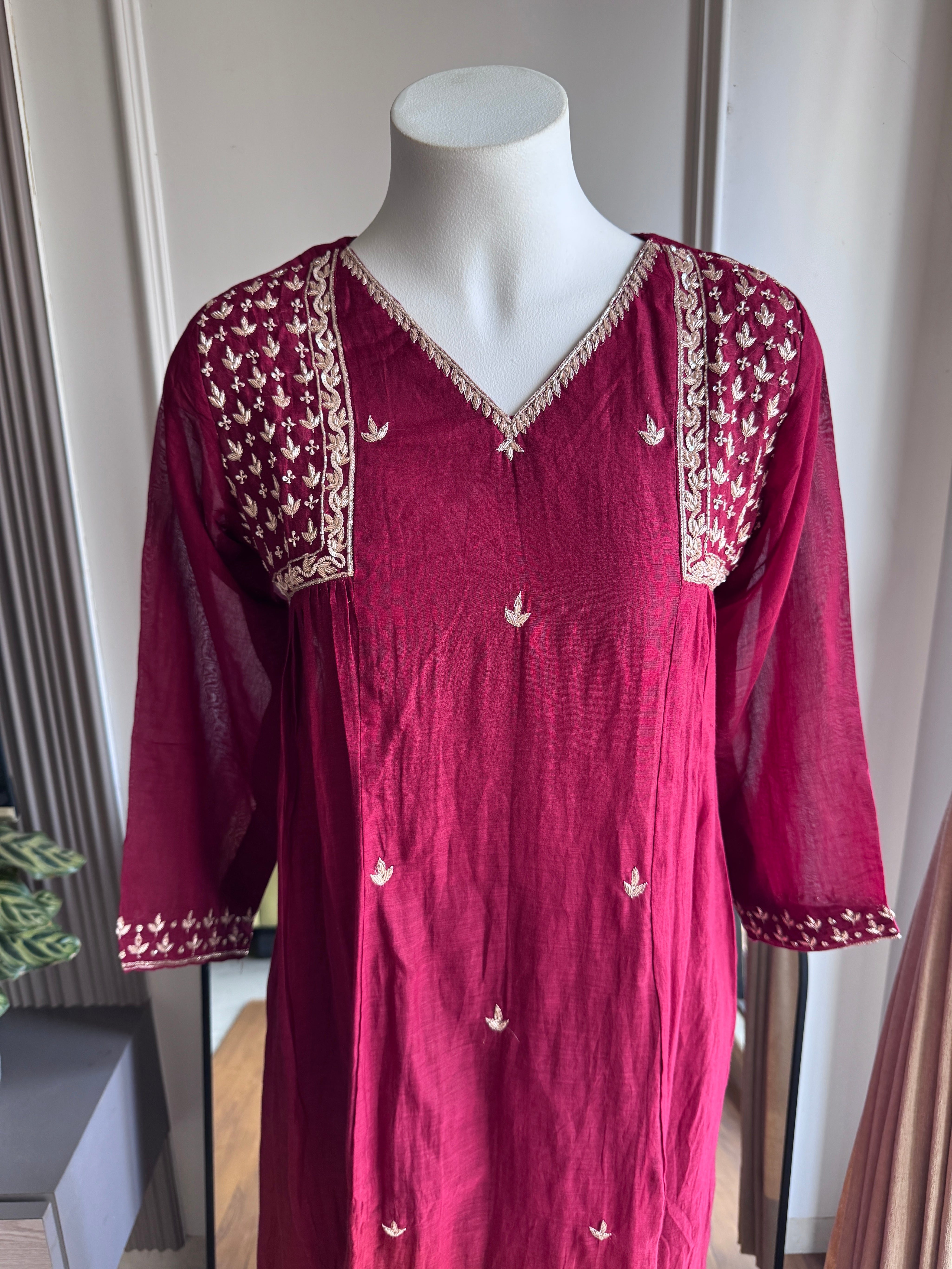 Krystle Handwork Mul Chanderi Dress-Maroon