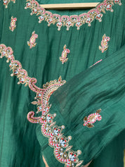 Tara Handwork Mul Chanderi Dress- Green