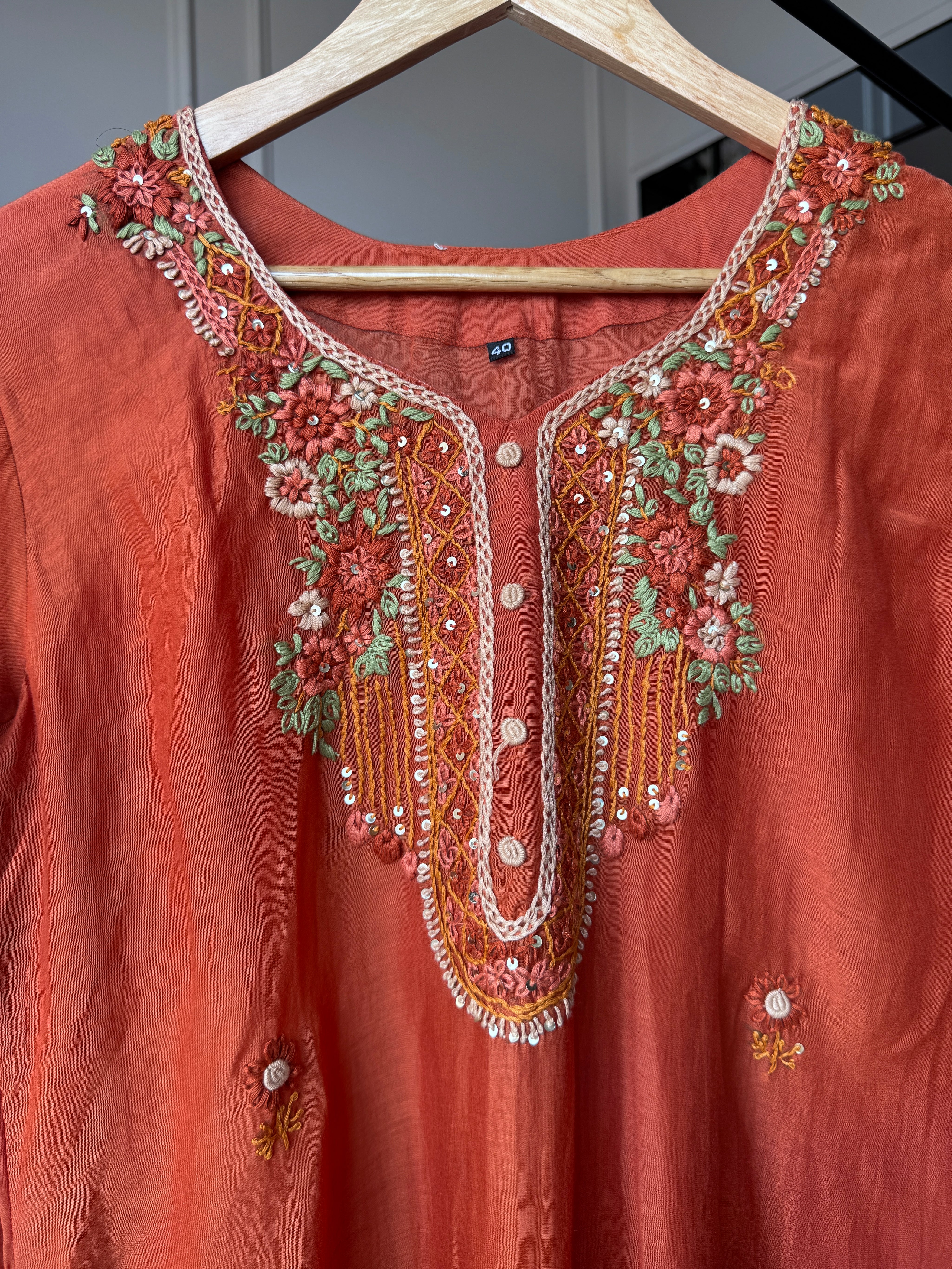 Shilpa Embroided Mul Chanderi Dress-Rust