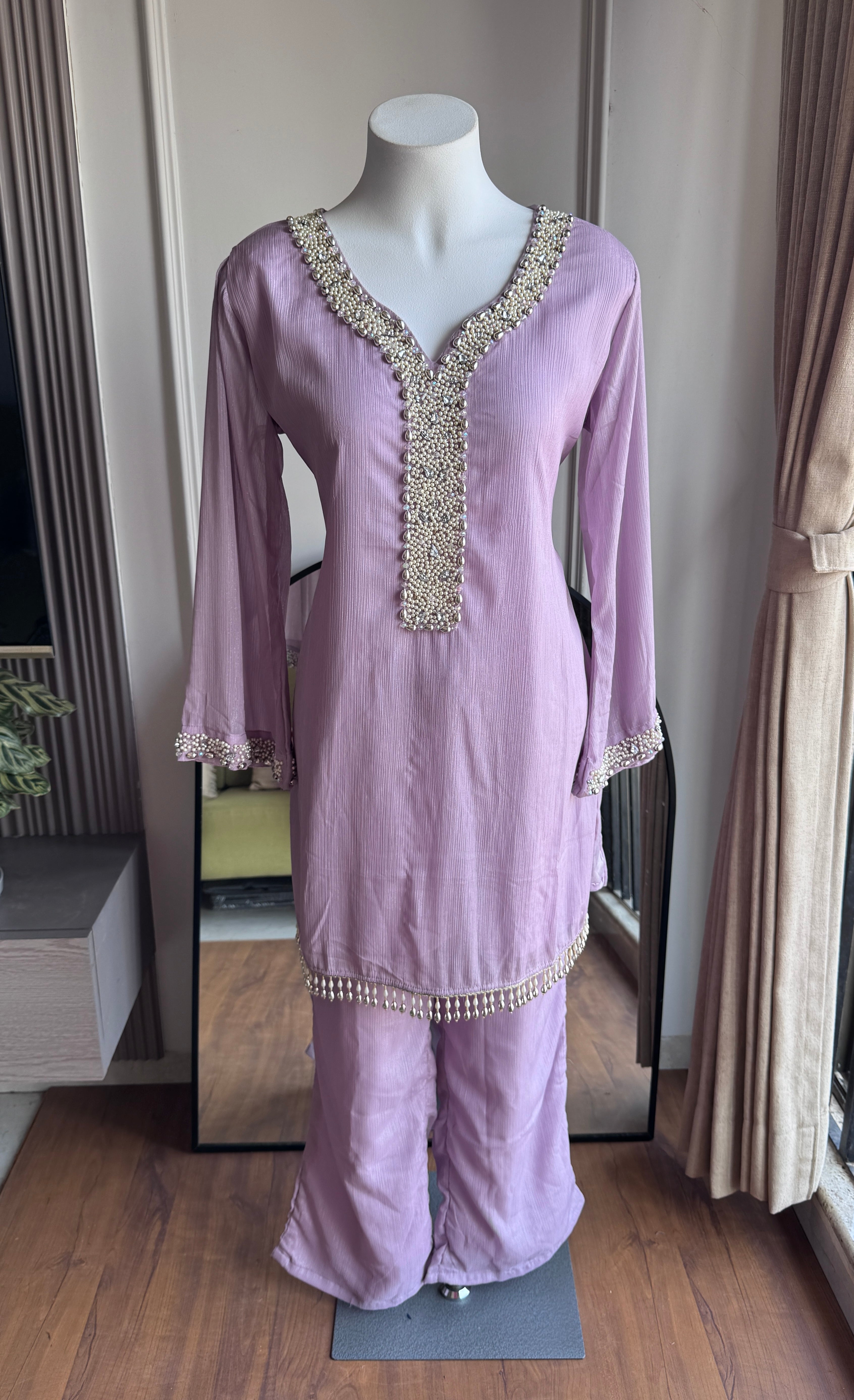 Siyu Tissue Short Kurta With Pant Dress- Lavender