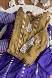 Sona hand work Mul Chanderi Dress- Olive Green