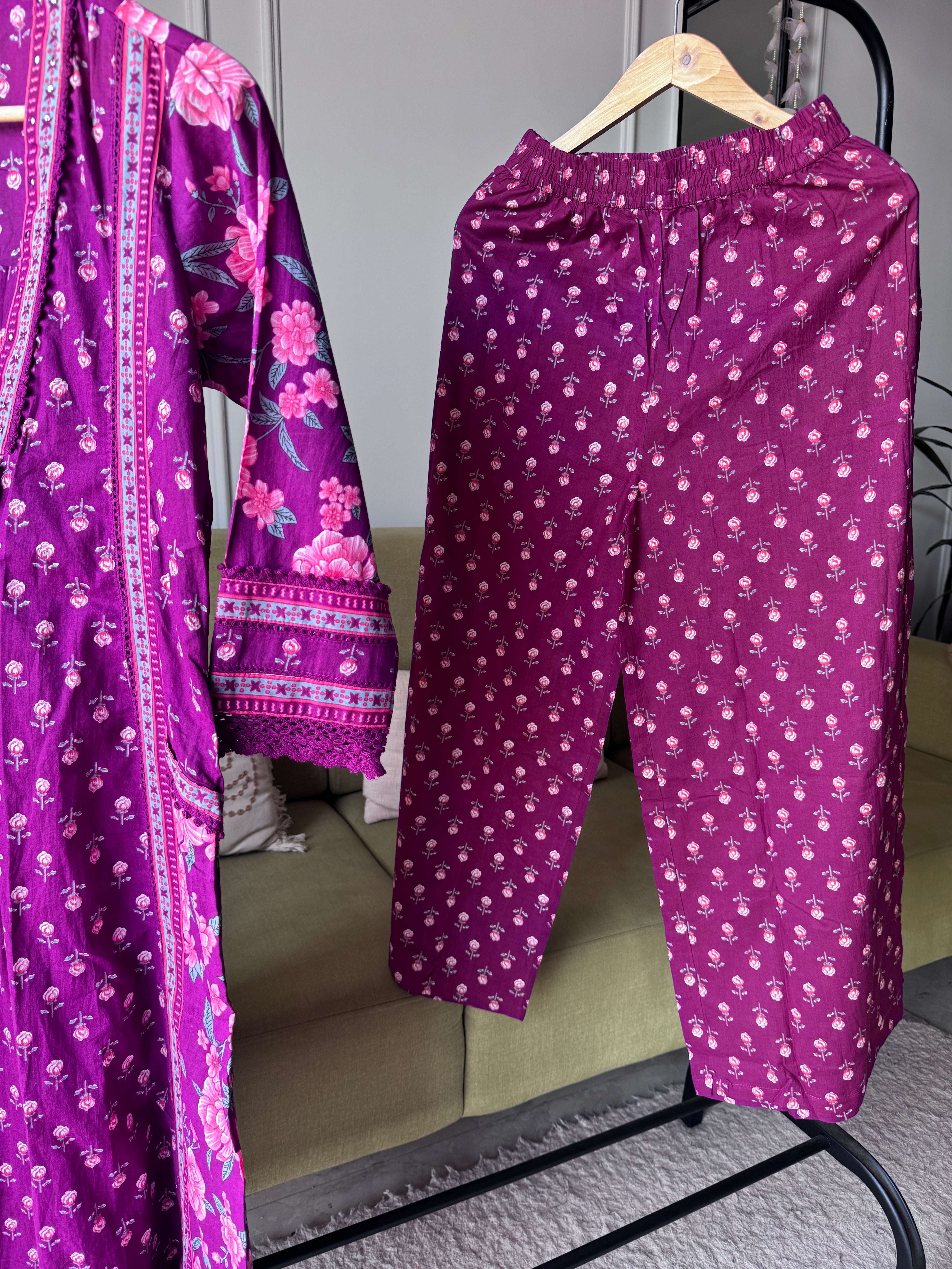 Suman Floral Print Cotton Dress-Wine