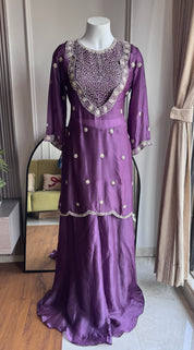 Zheel Handwork Bustier With Short Kurta And Plazzo Pants- Purple (Make to Order)
