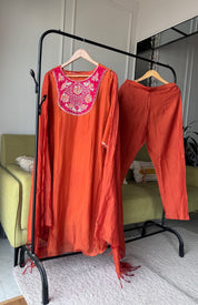 Ridhima Handwork Mul Chanderi Dress- Rust