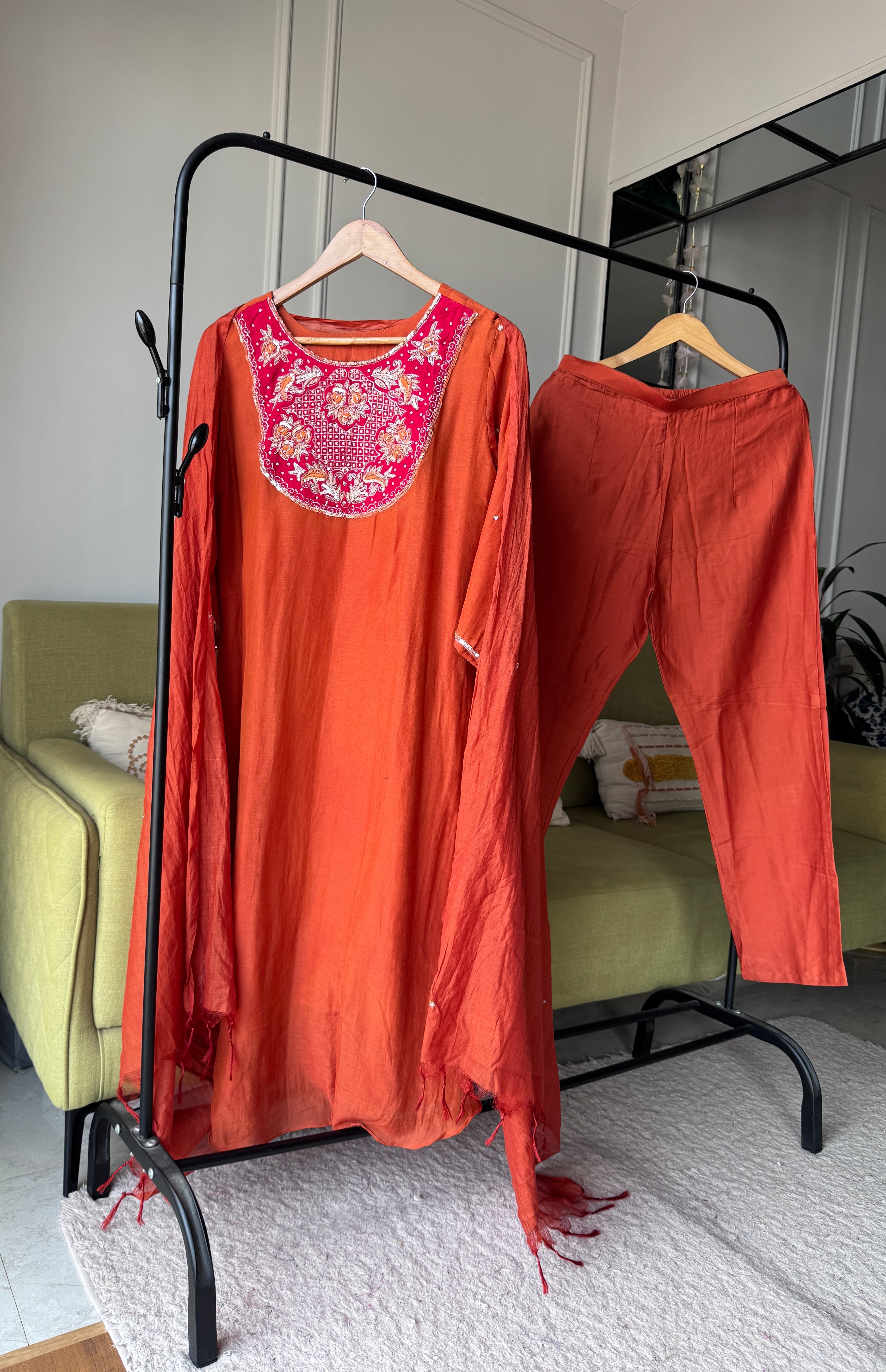 Ridhima Handwork Mul Chanderi Dress- Rust