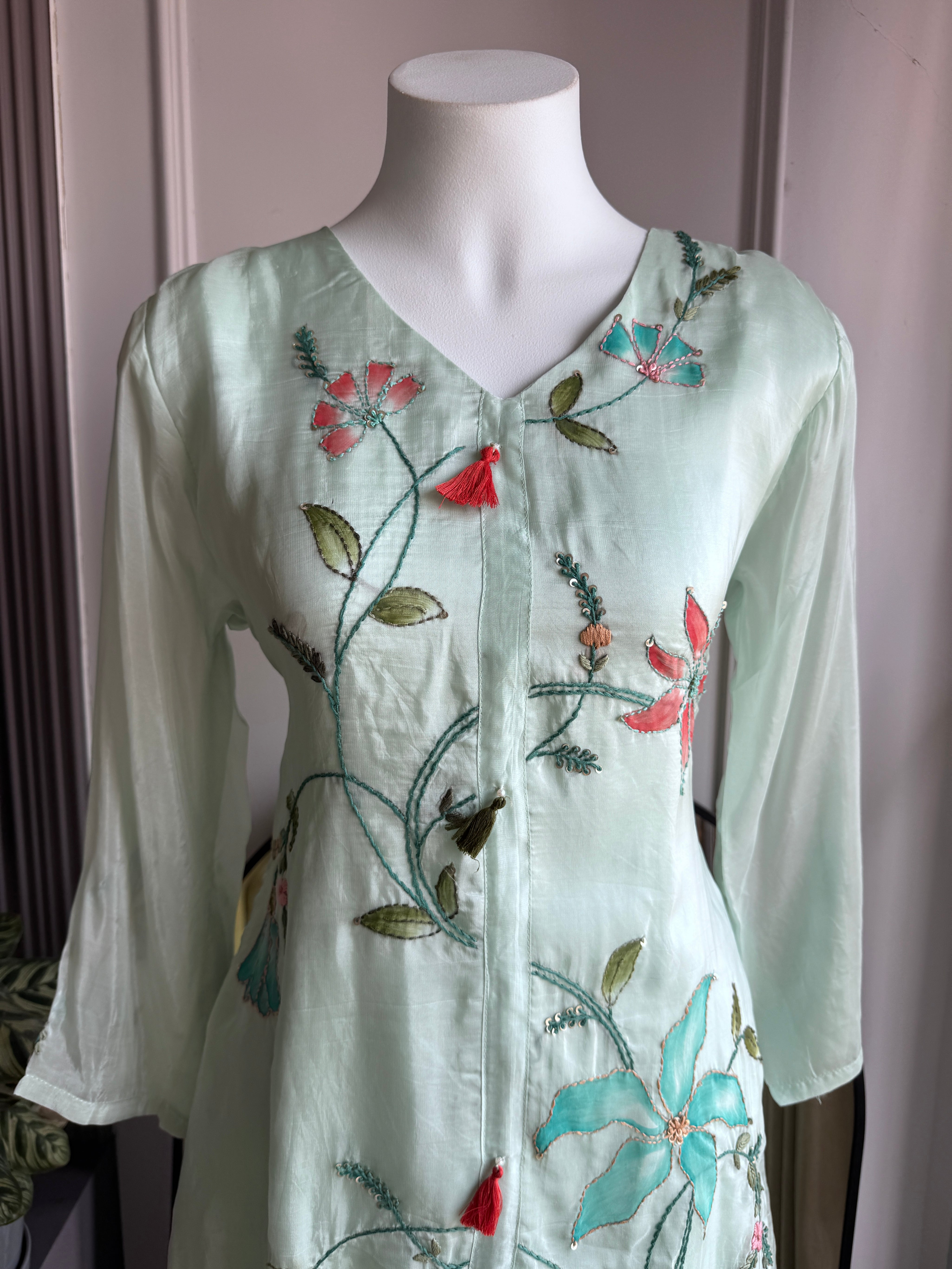 Sandhya Embroided Short Kurta With Farshi Pant Coord Set- Dusty Green (Make to Order)