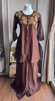 Soniya Handwork Mul Chanderi Set- Brown(Make to Order)