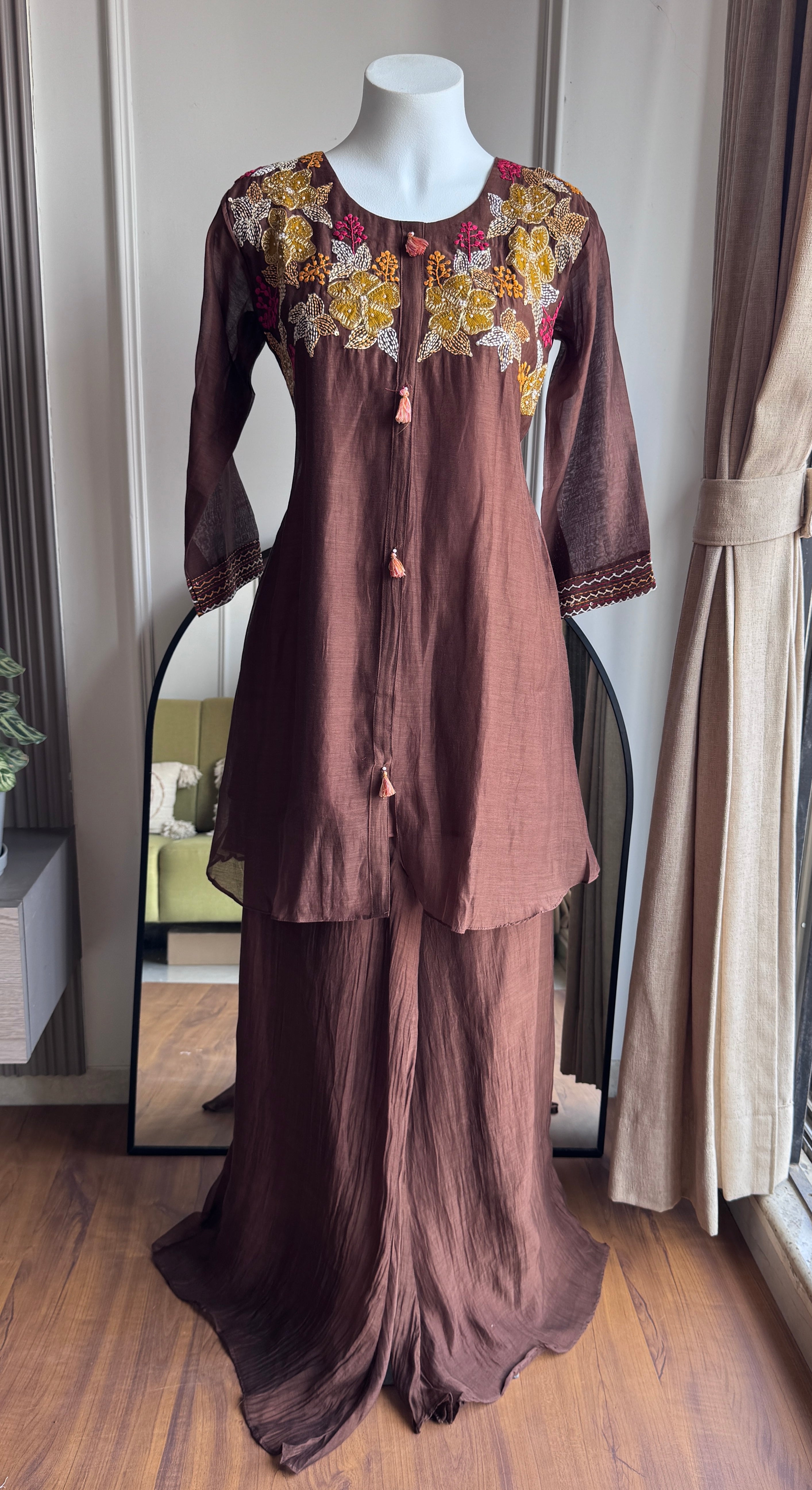 Soniya Handwork Mul Chanderi Set- Brown(Make to Order)