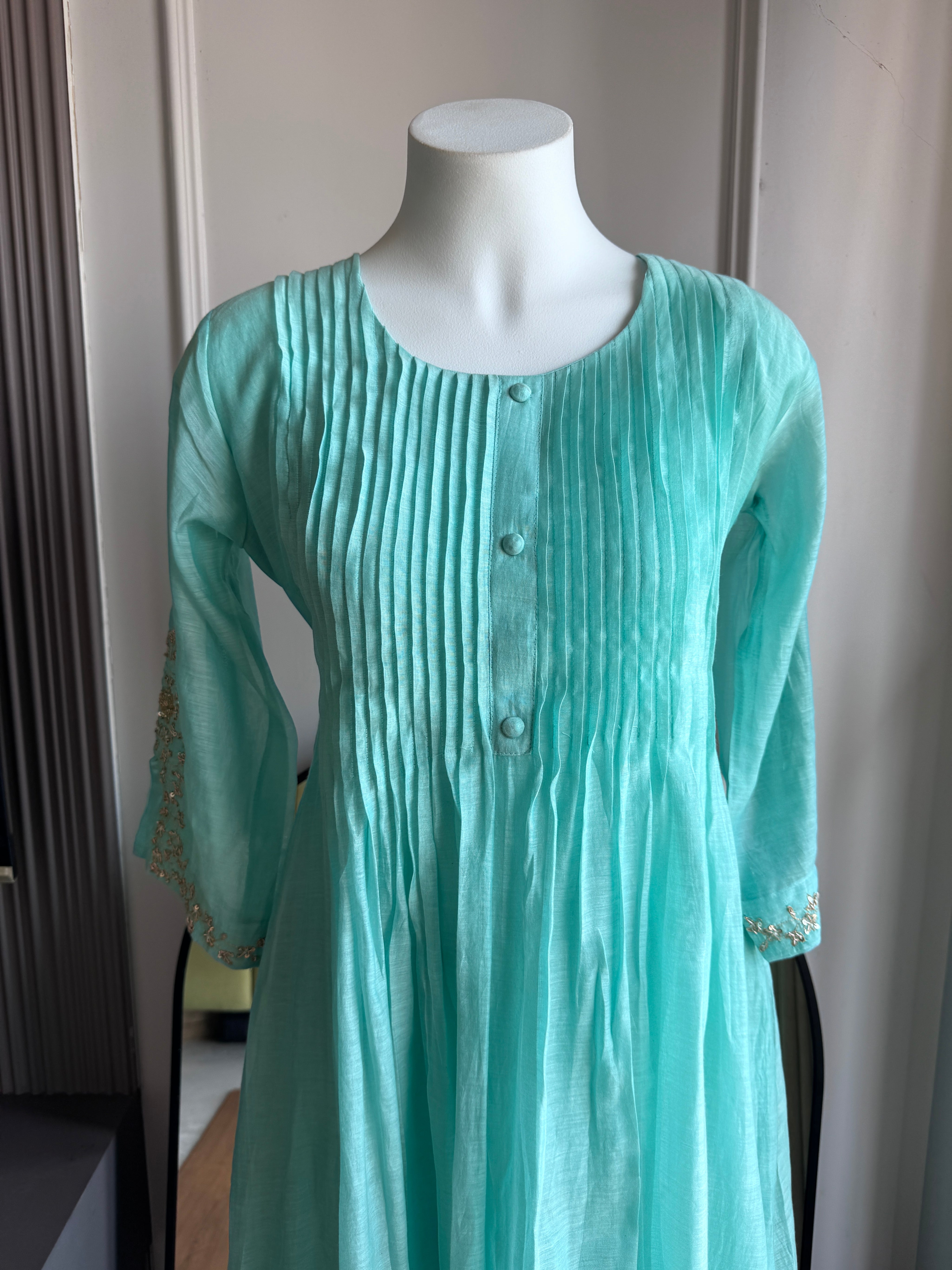 Pratibha Handwork Mul Chanderi  Dress - Sky Blue