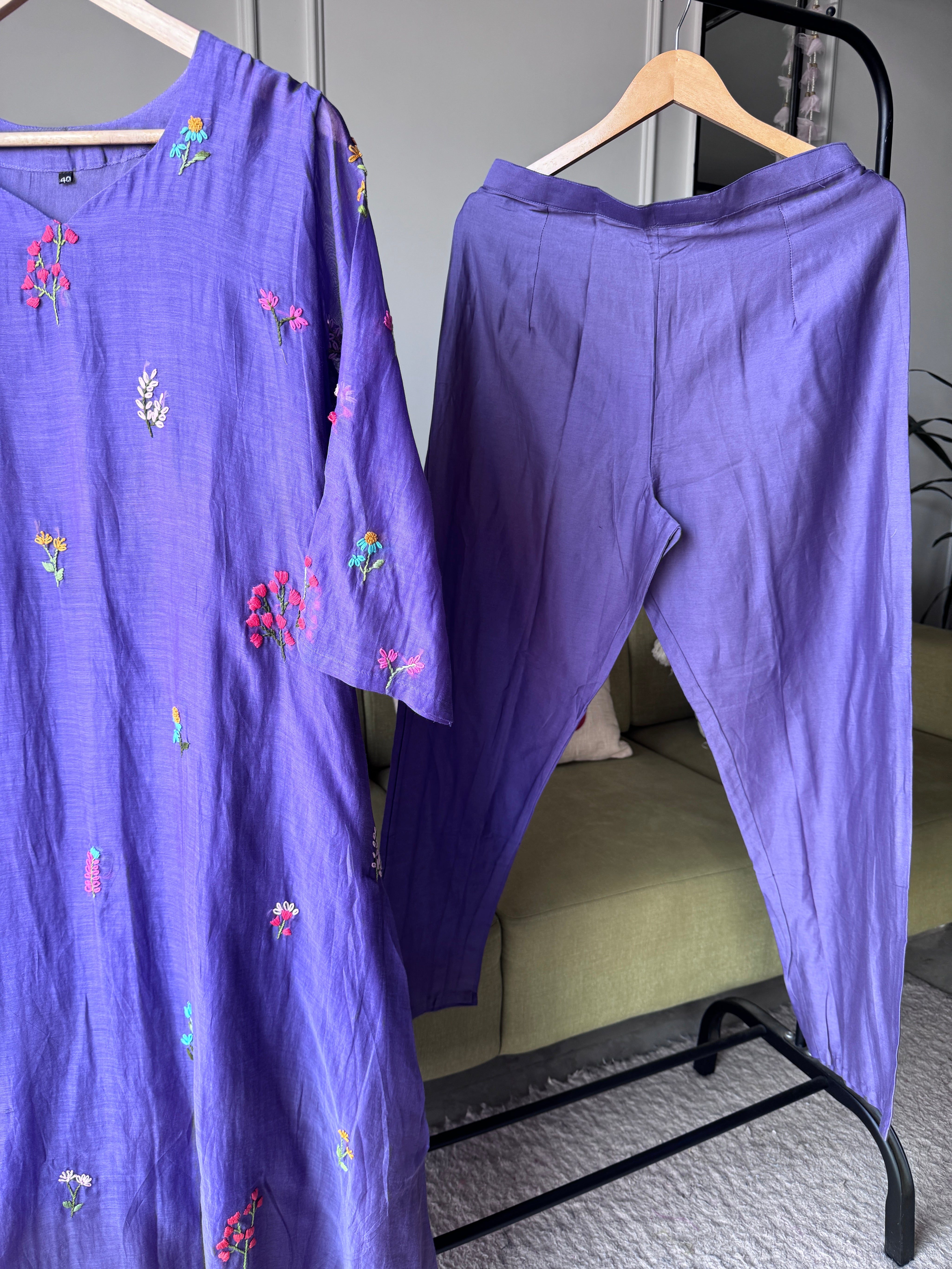 Siya Floral Embroided Mul Chanderi Dress- Lavender