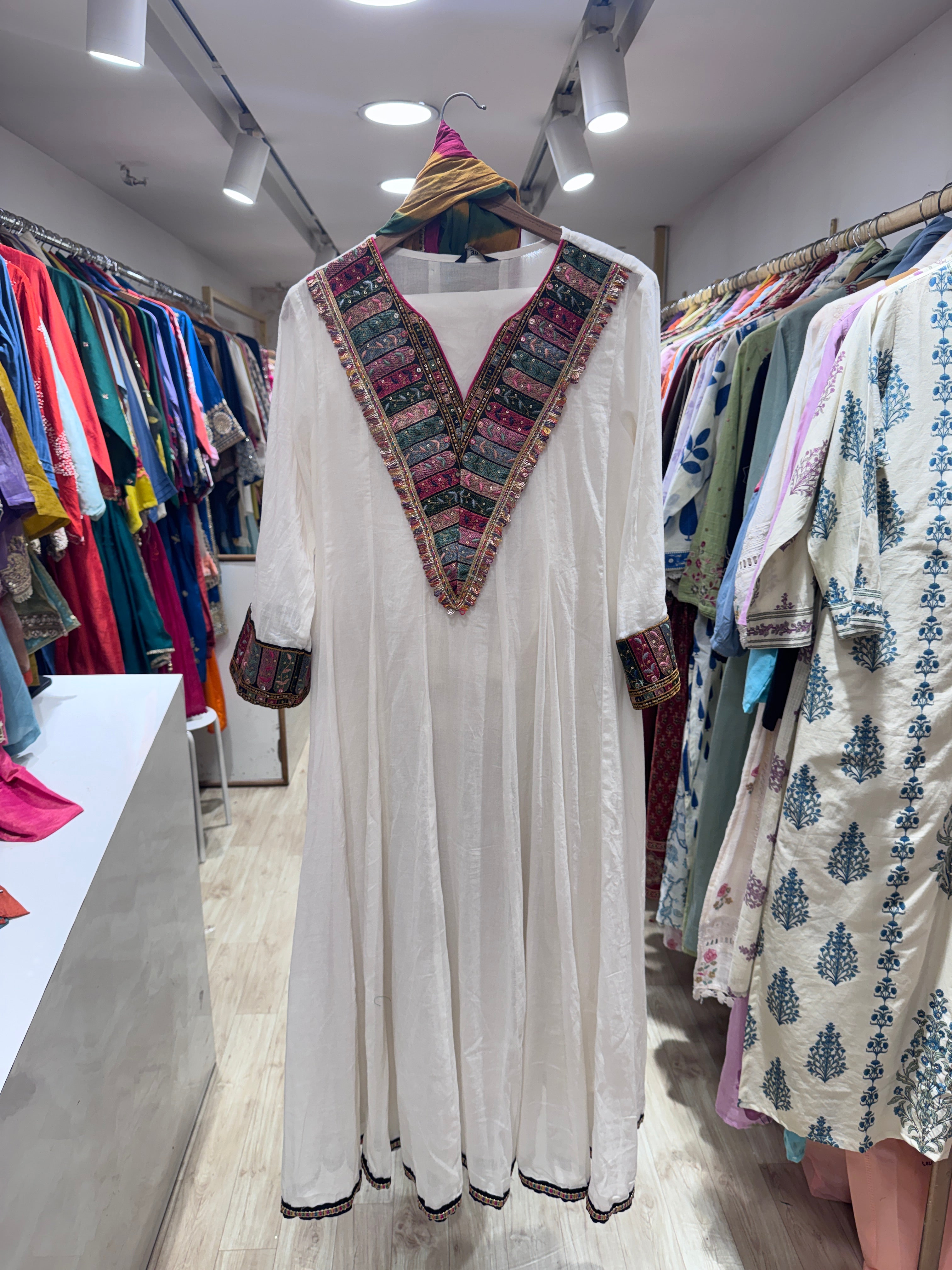 Kanishka Mul Cotton Anarkali Dress- White