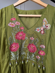 Mishika Embroided Aline Mul Cotton Dress- Mehndi Green