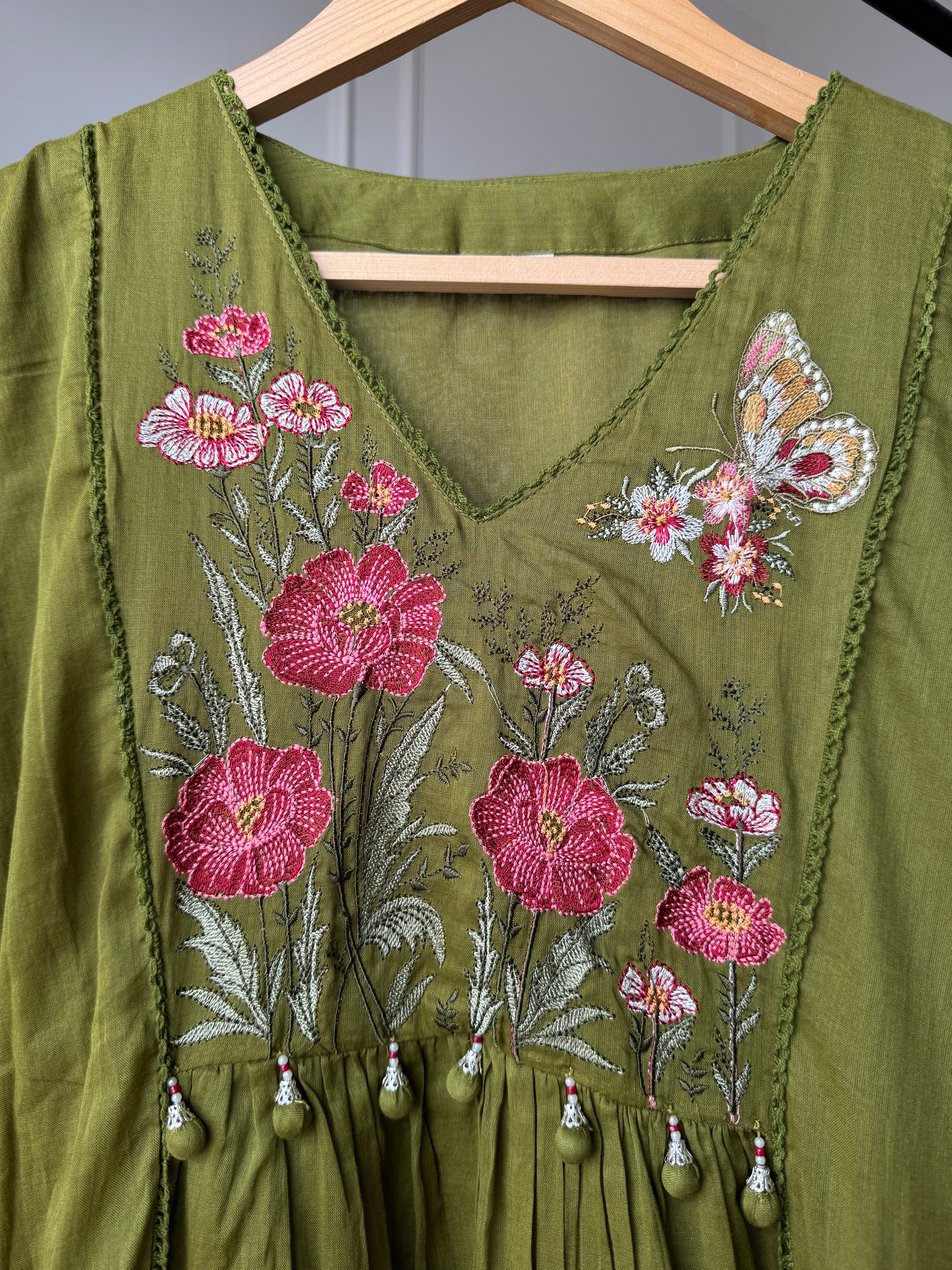 Mishika Embroided Aline Mul Cotton Dress- Mehndi Green