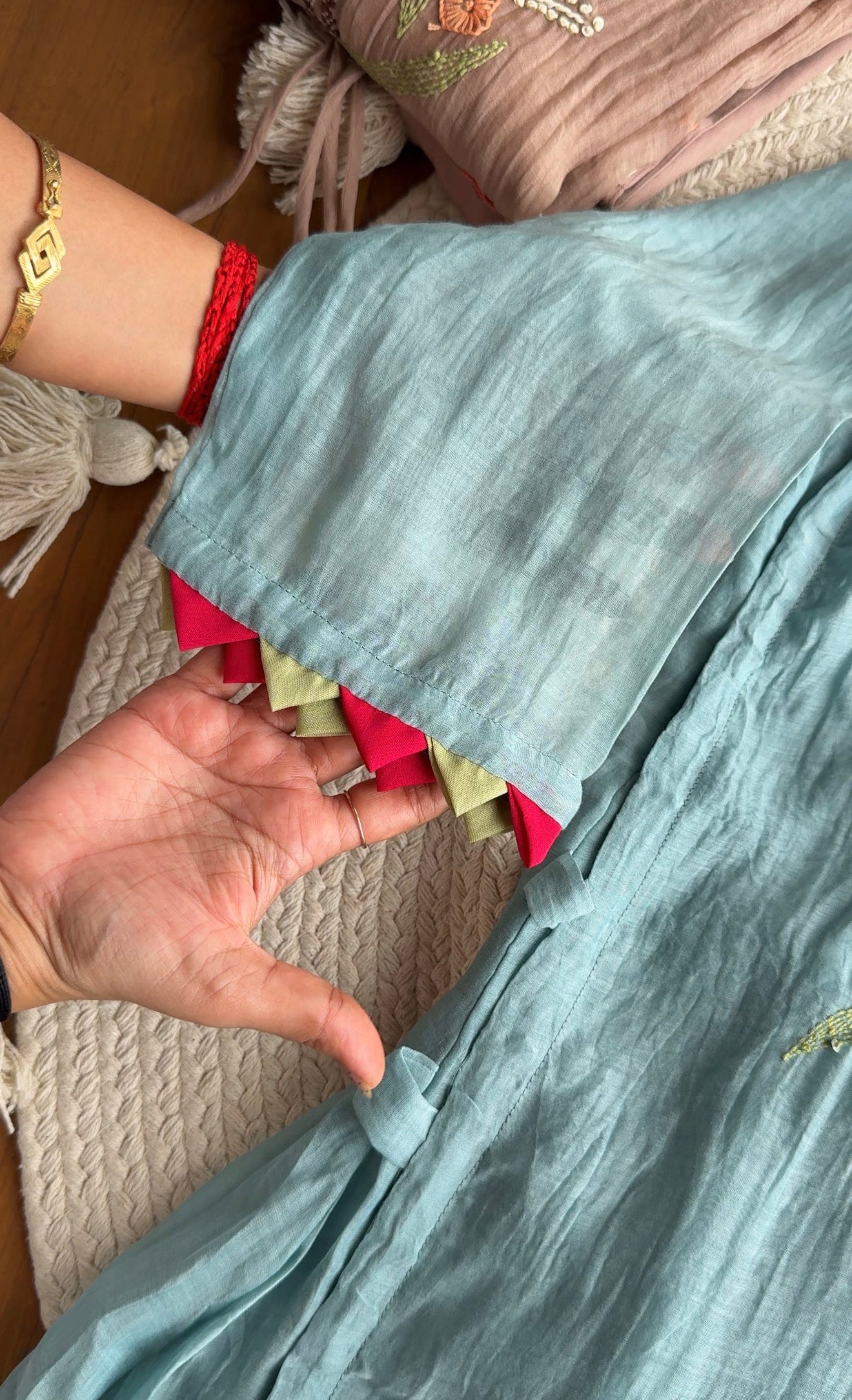 Riddhi Floral Embroidered Mul Chanderi Dress- Blue