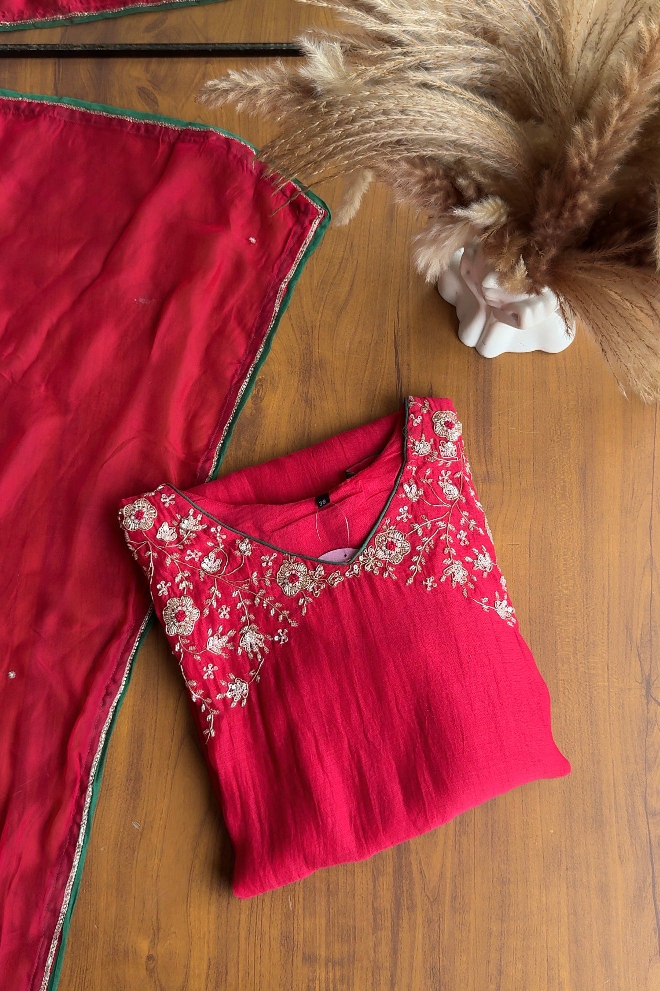 Sima Handwork Mul Chanderi Dress- Red