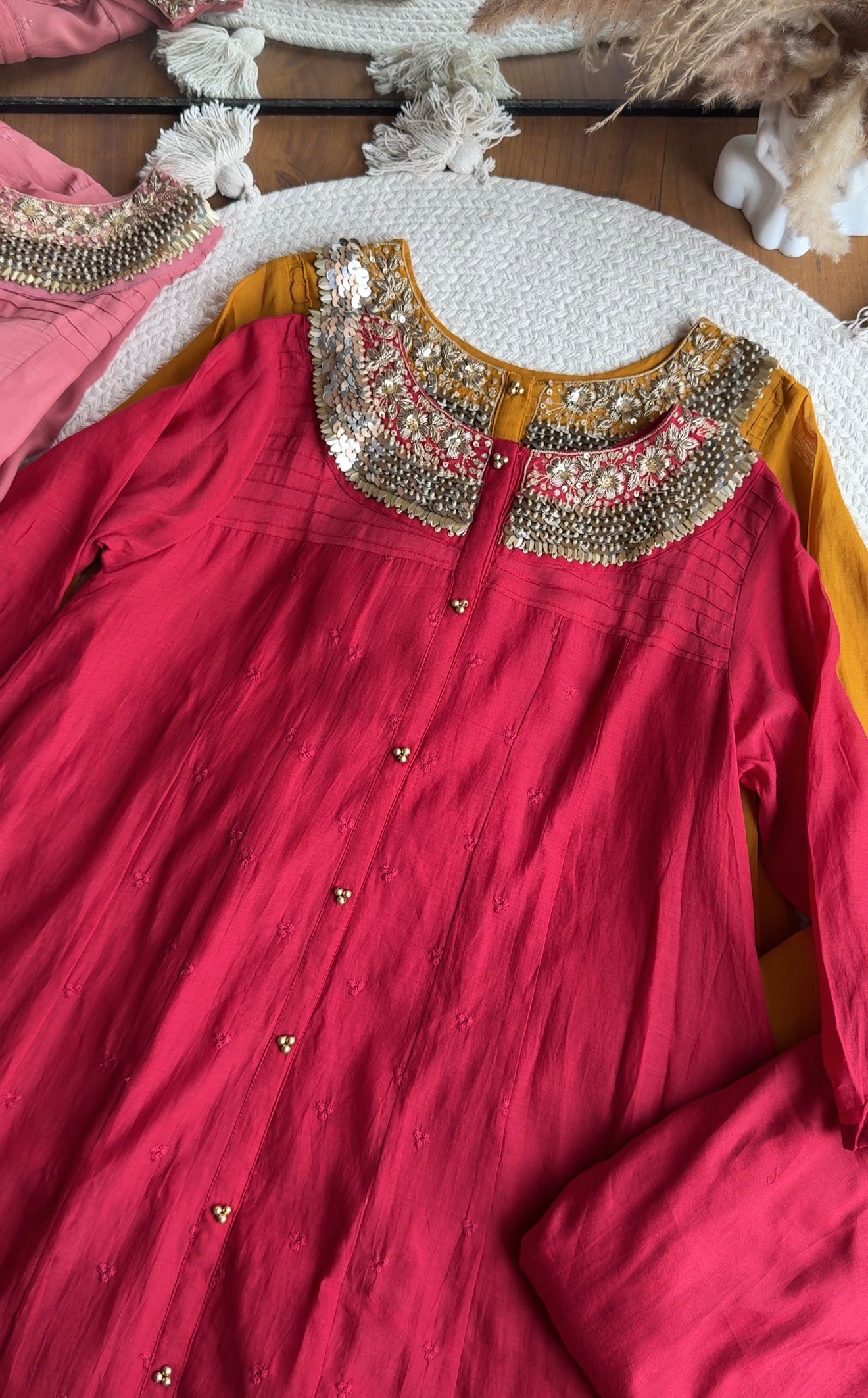 Yukti Handwork Mul Chanderi Dress- Red