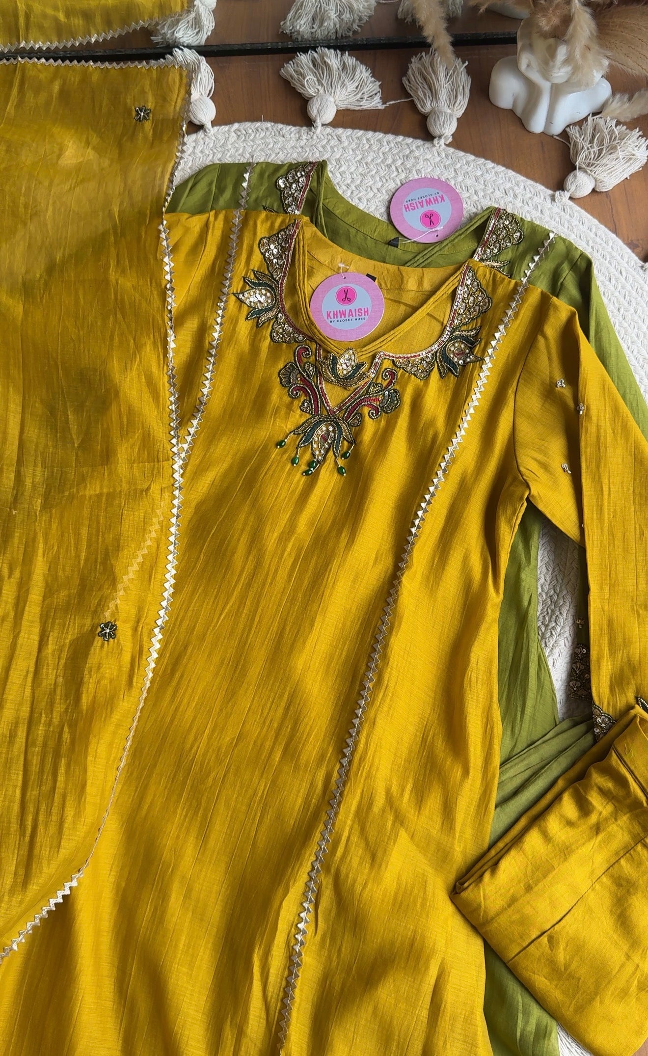 Pooja Necklaces Mul Chanderi Dress- Yellow