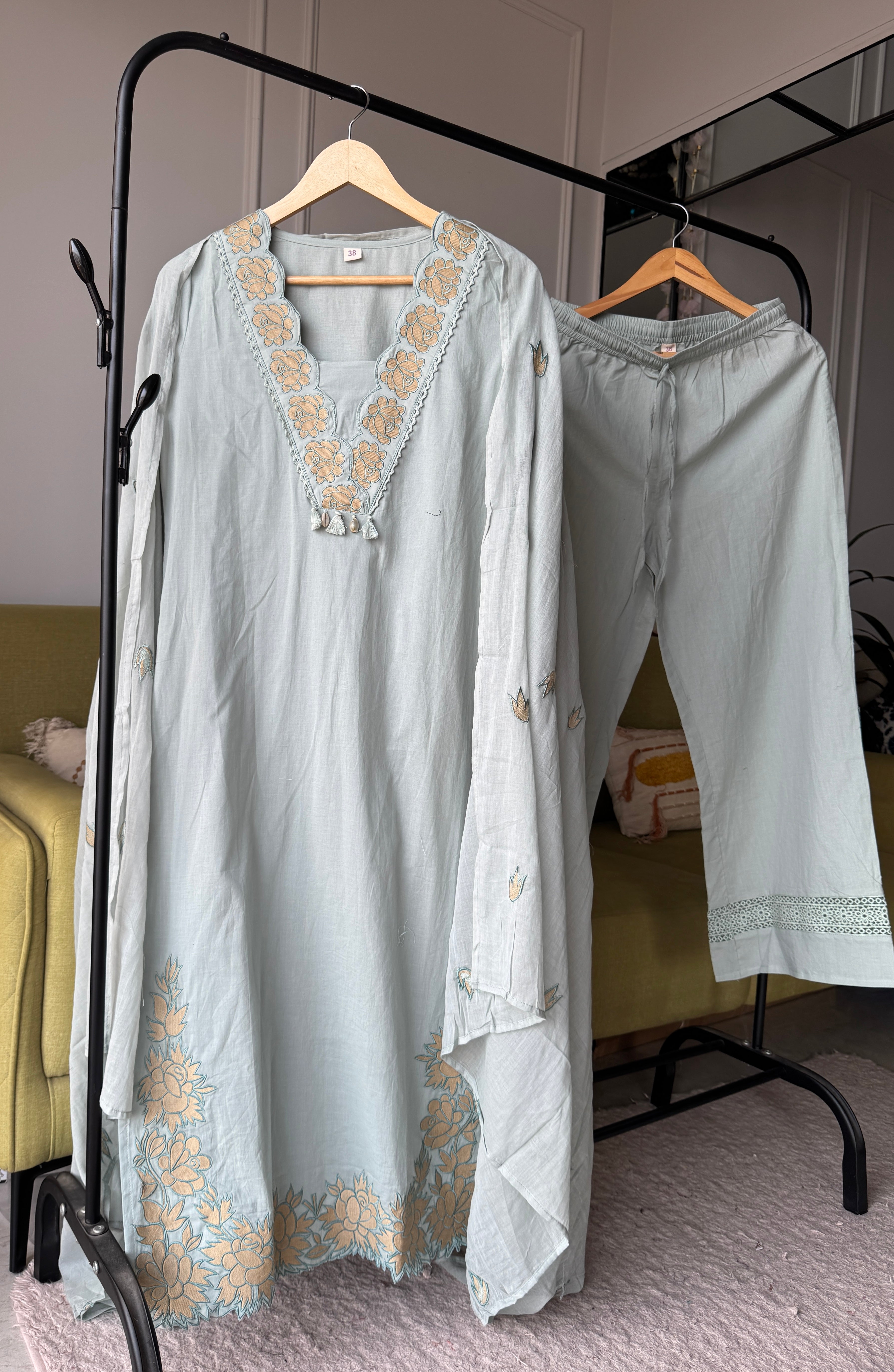 Monika Scalloped Neck Embroided Dress- Dusty Blue