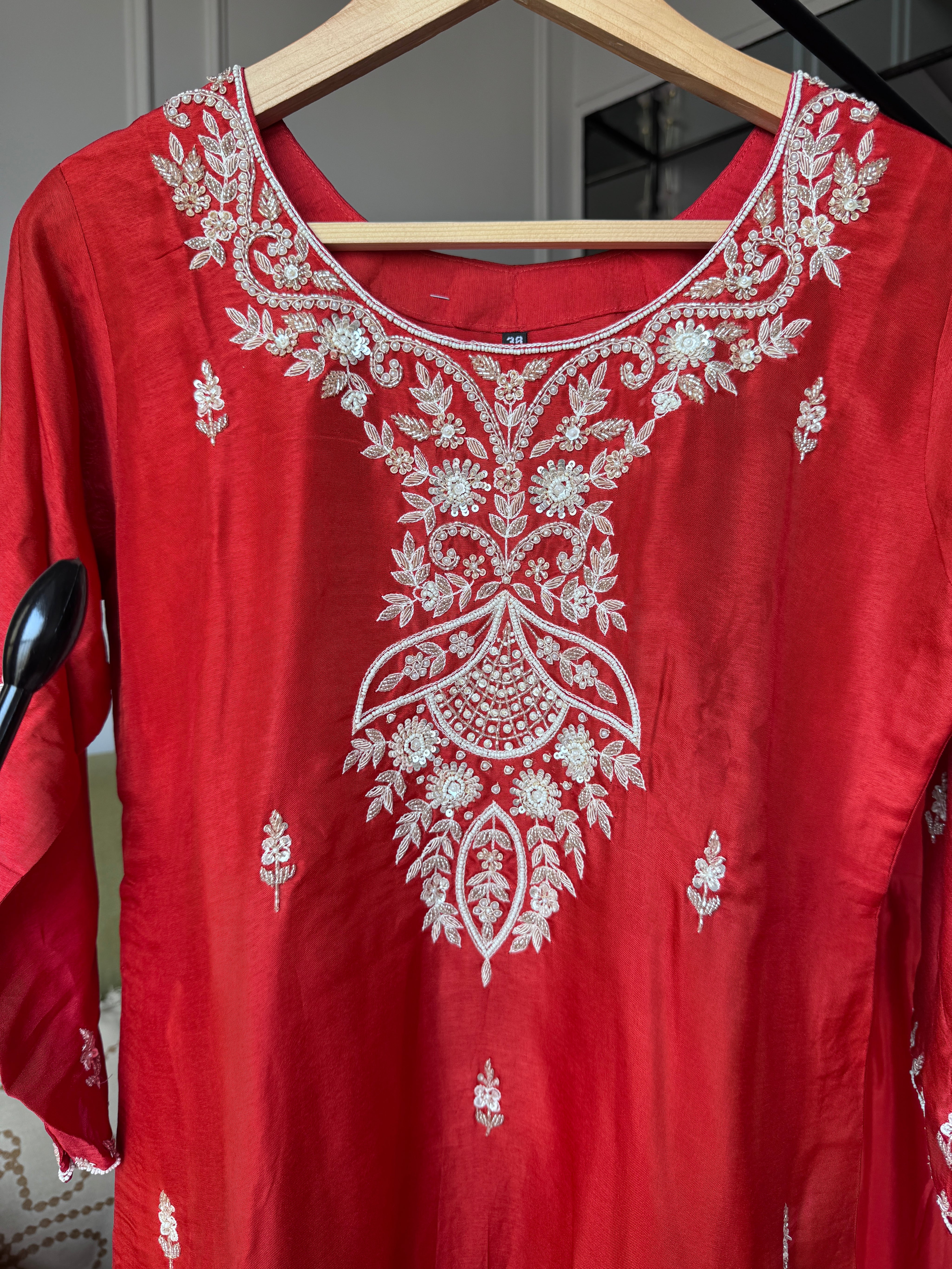 Rajvi Handwork Short Kurta With Plazzo Set-Rust