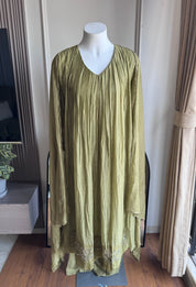 Sanjana Pleated Mul Chanderi Handwork Dress - Green