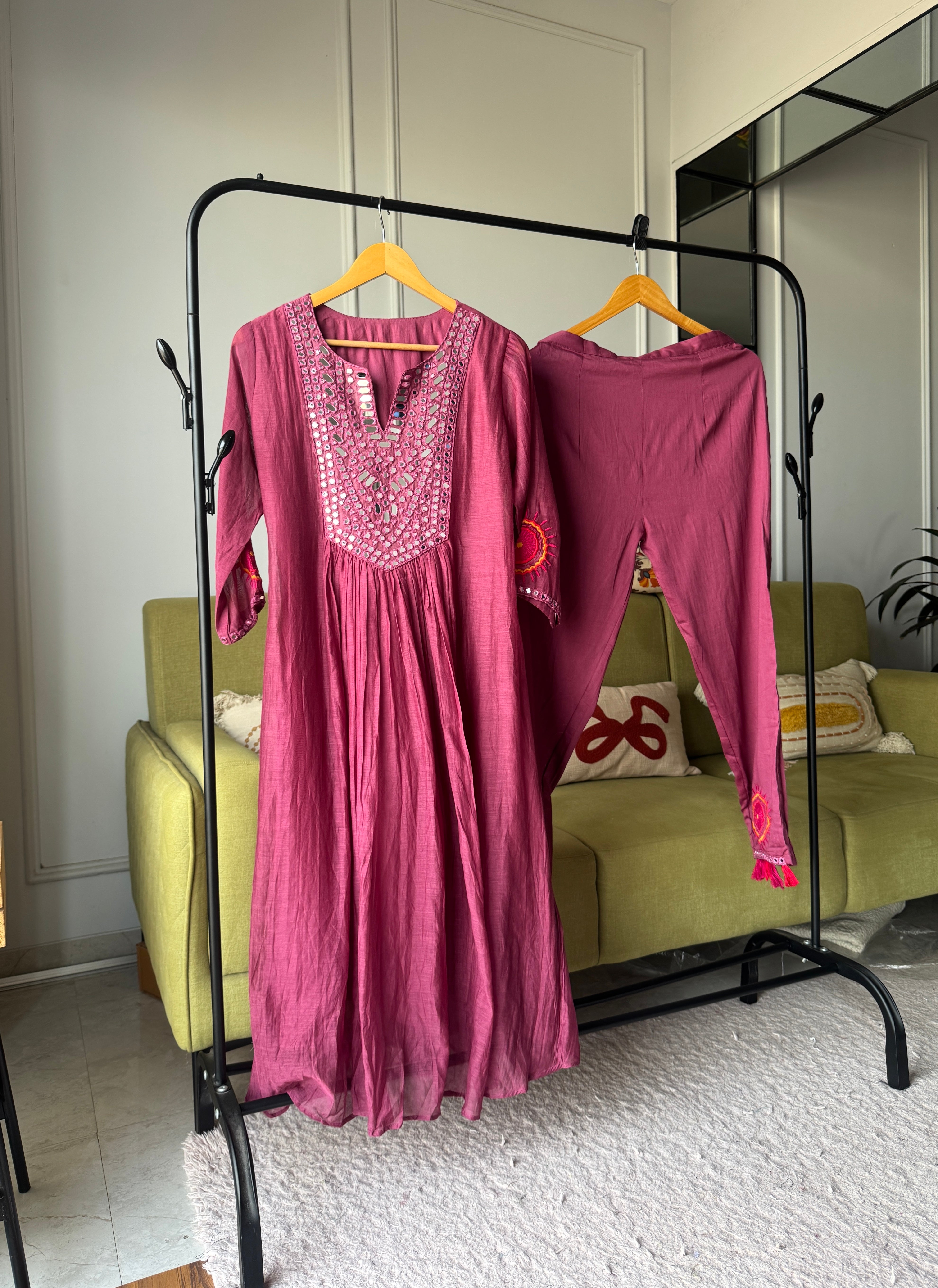 Naina Mirror Work Anarkali Dress- Wine