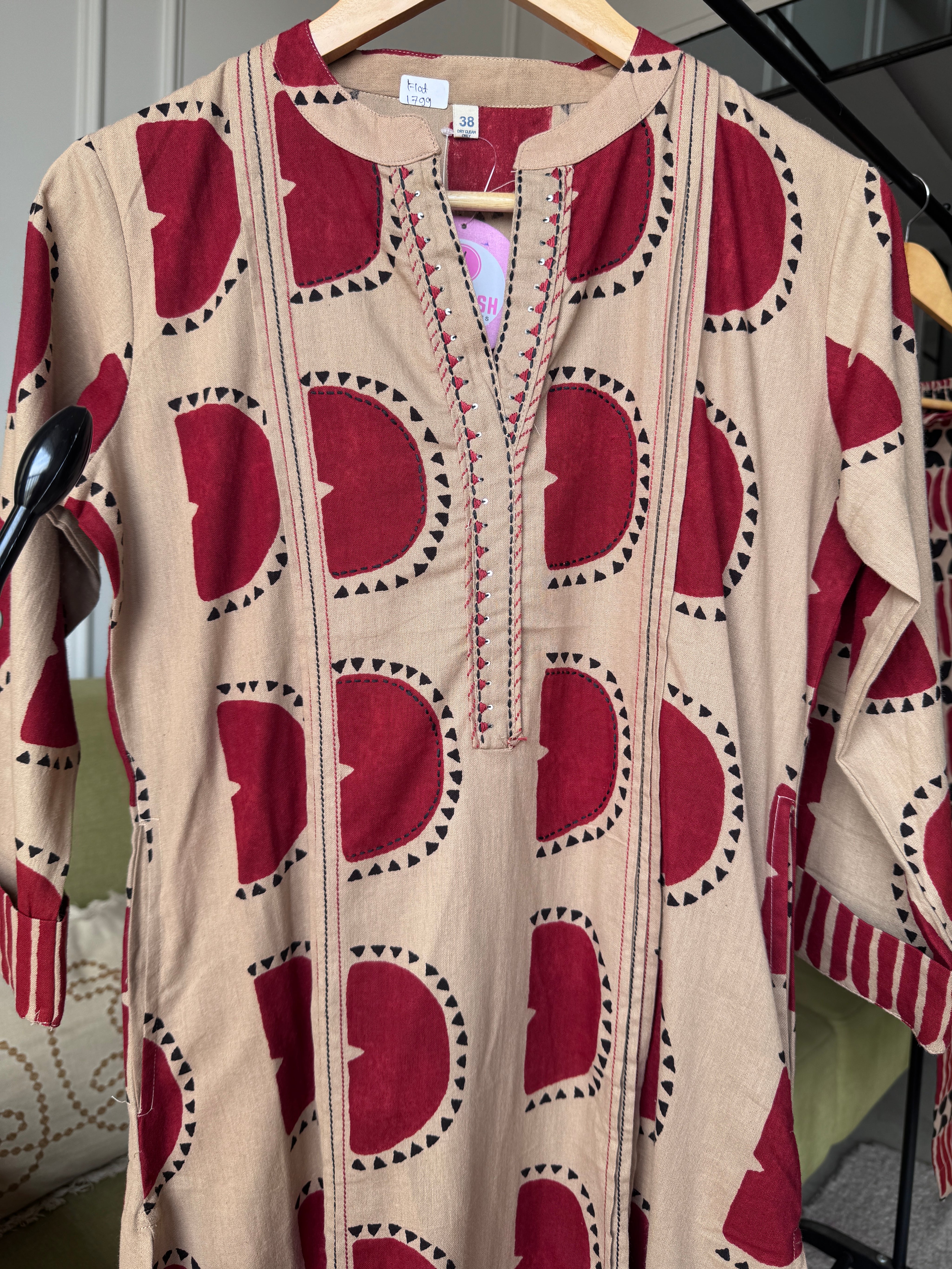 Vrushti Flex Cotton Pocket  Coords- Beige/Red