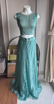 Zheel Handwork Bustier With Short Kurta And Plazzo Pants- Sky Blue(Make to Order)