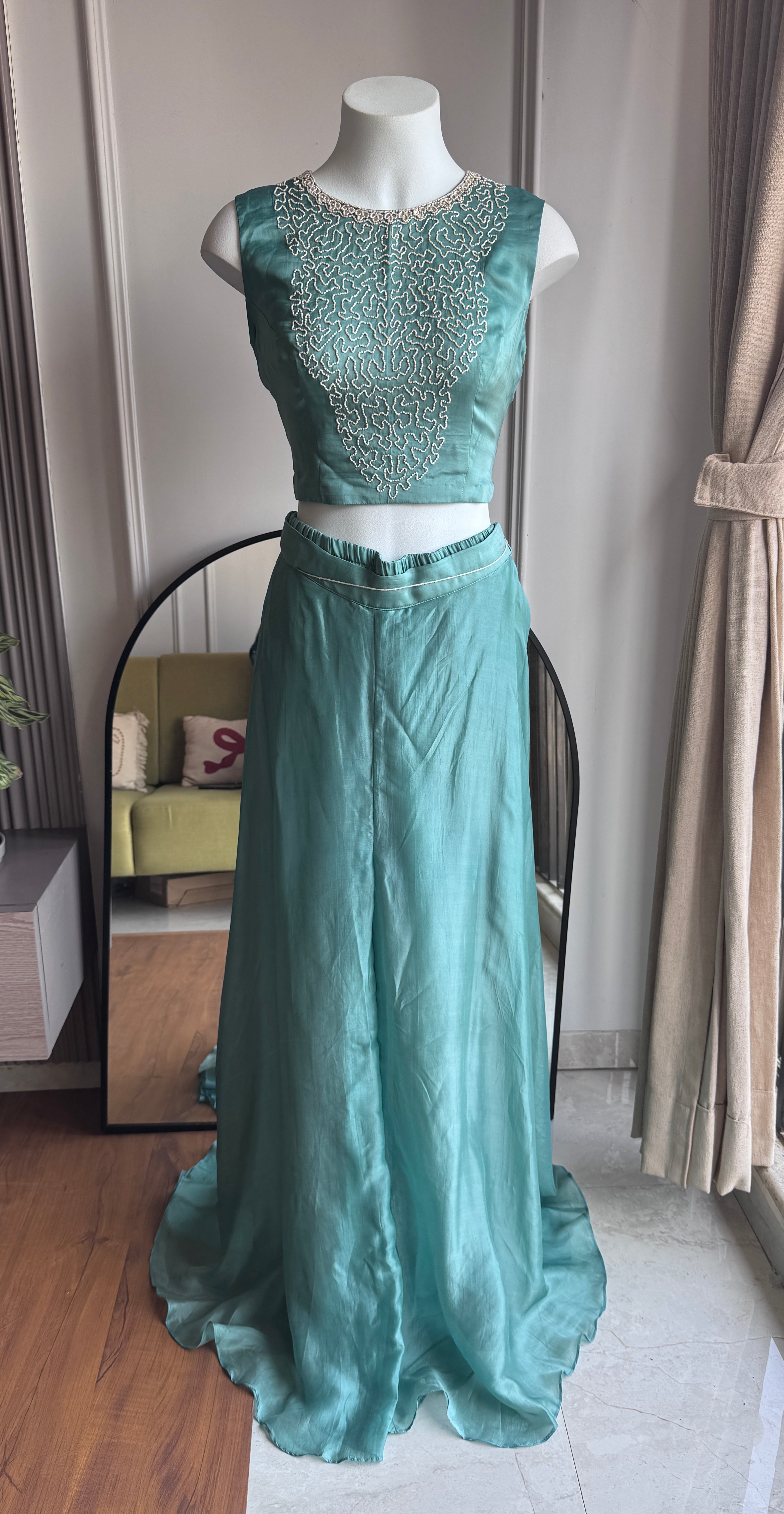 Zheel Handwork Bustier With Short Kurta And Plazzo Pants- Sky Blue(Make to Order)