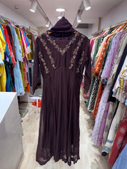Siya Mul Chanderi Handwork Dress- Coffee Brown
