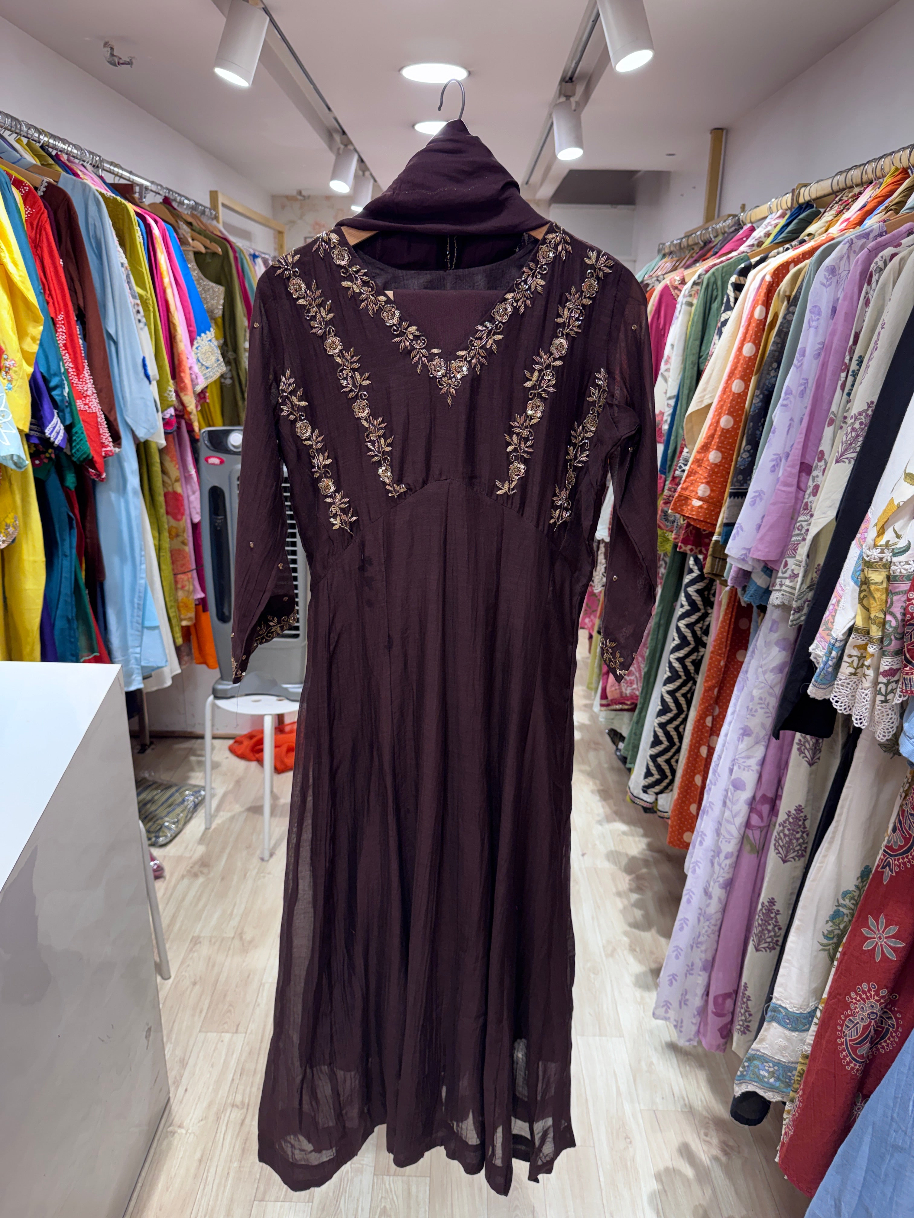 Siya Mul Chanderi Handwork Dress- Coffee Brown