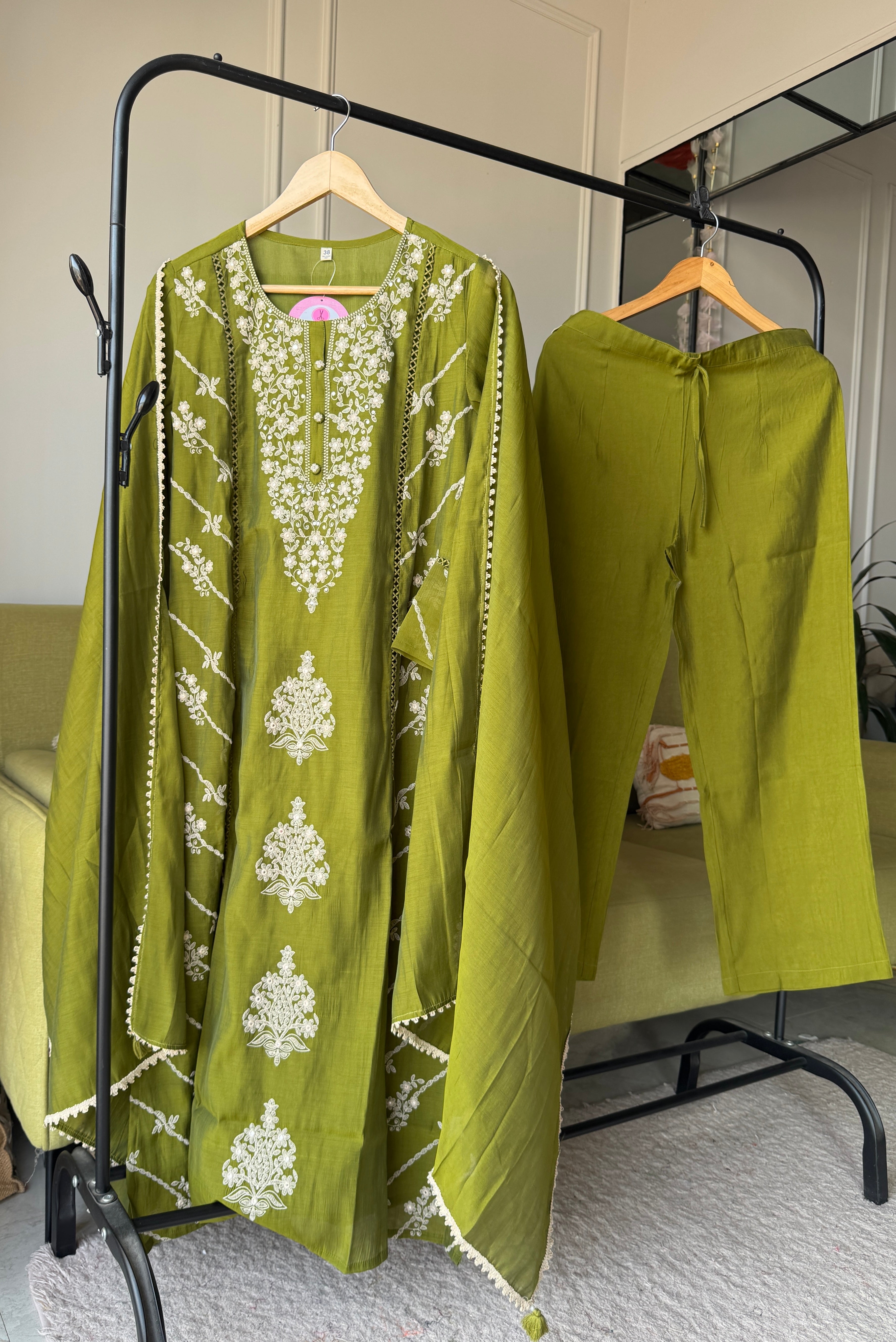 Zhalak Thread Work Side Cut Dress- Green