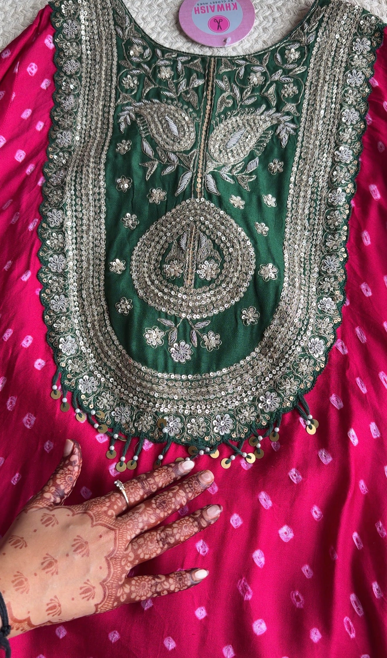 Chavi Bandhani Coords- Green with Pink