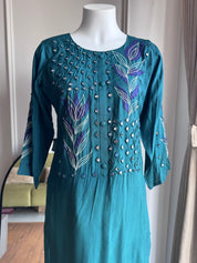 Ruchi Embroided Mirror Work Dress- Teal Blue