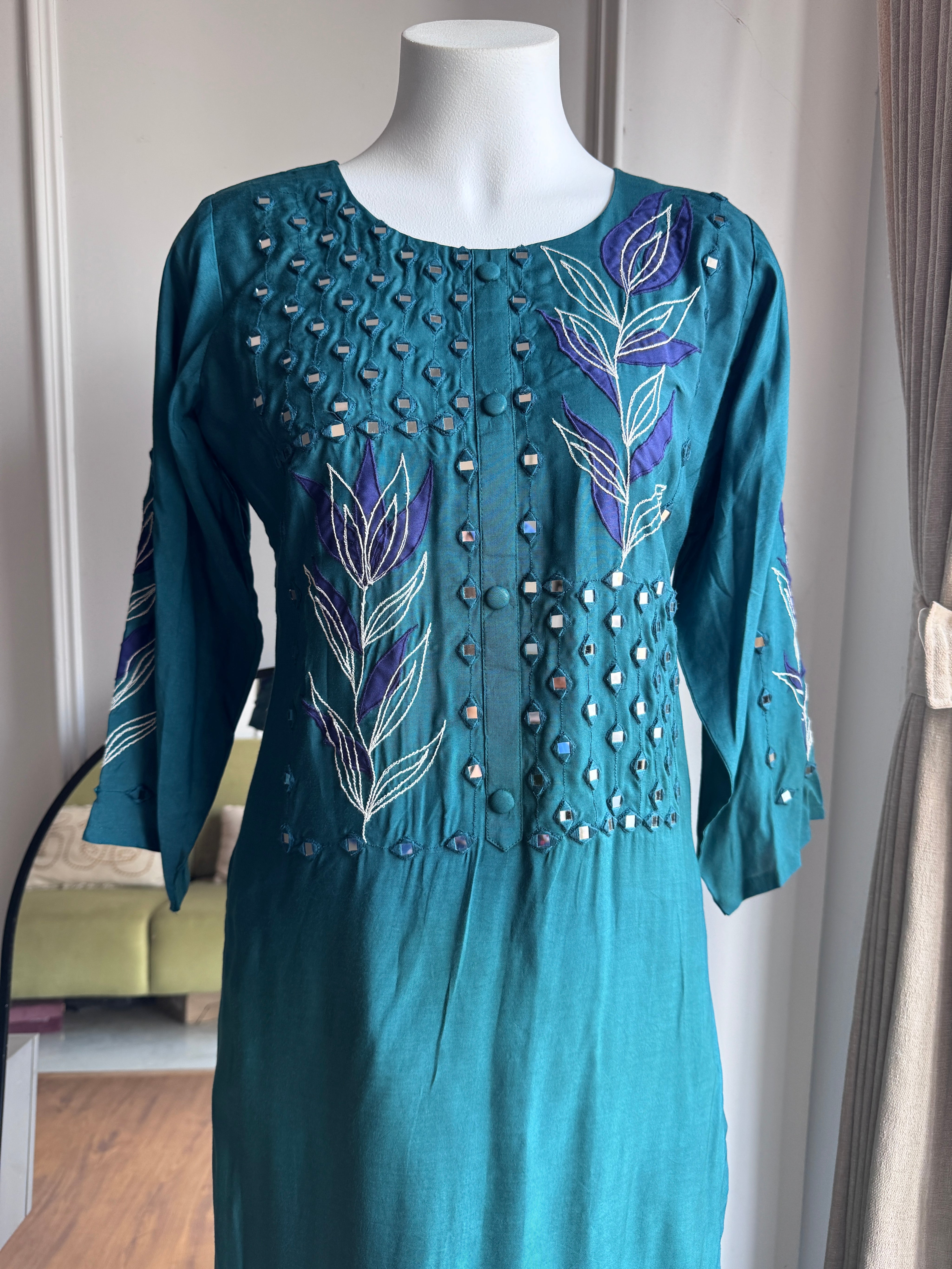 Ruchi Embroided Mirror Work Dress- Teal Blue