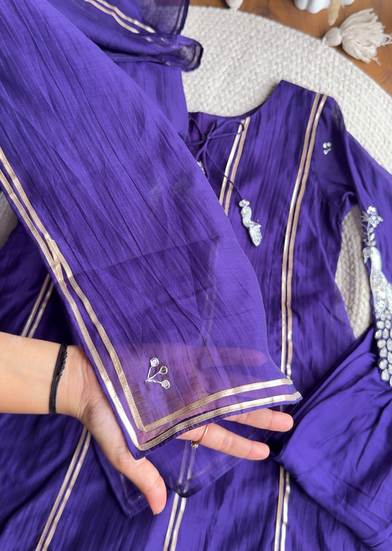 Sona Hand Work Mul Chanderi Dress- Purple (Make to order)