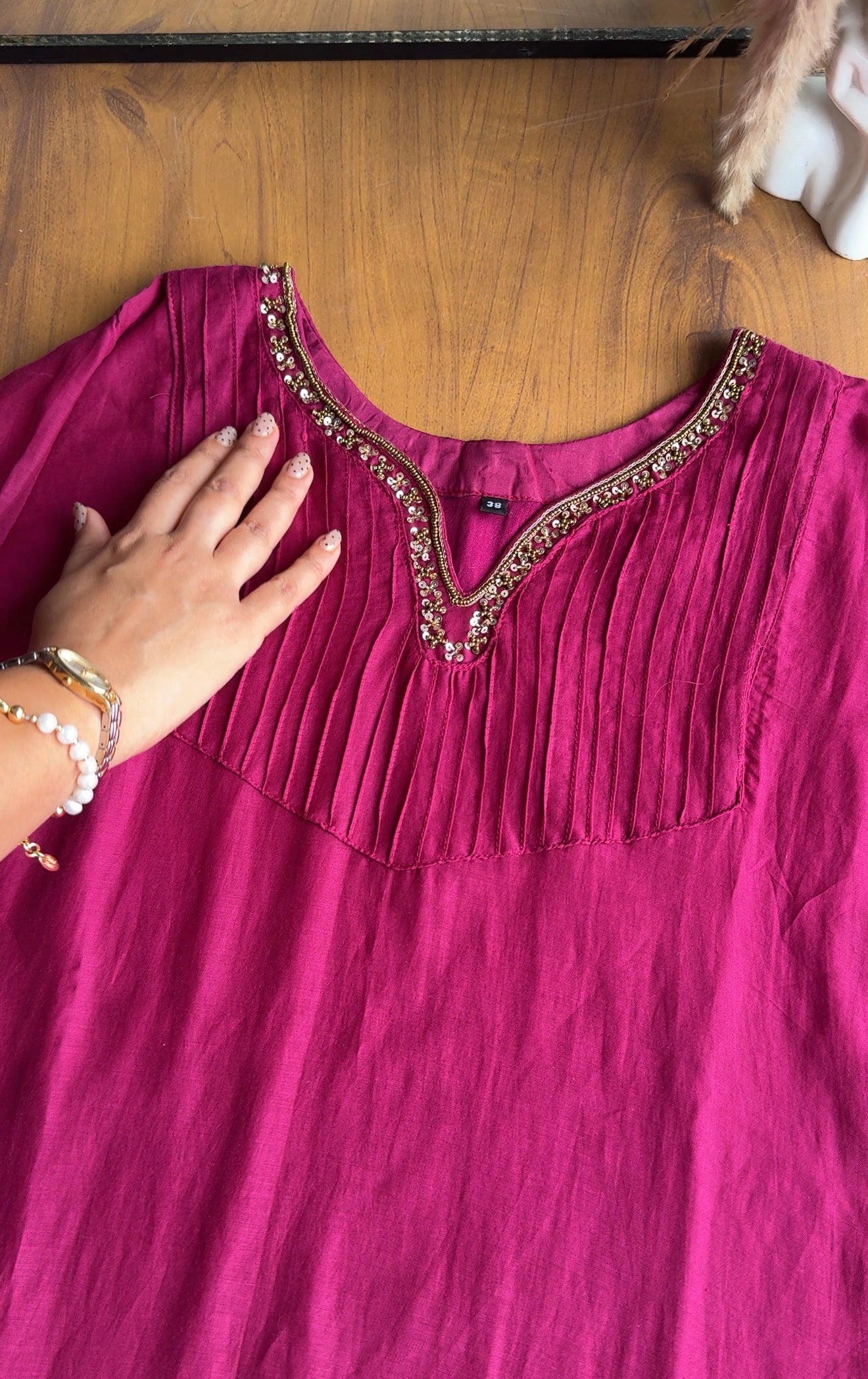 Dimple Pleated Yoke Aline Hand Work Dress- Wine💞